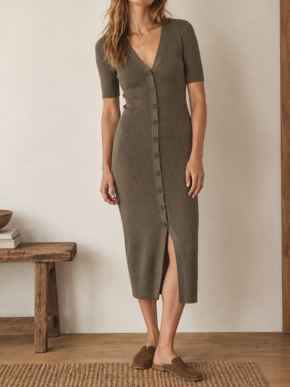 Marine layer olive green ribbed midi sweater dress